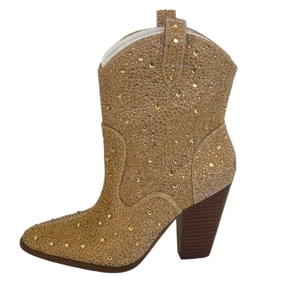 Jessica‎ Simpson Cissely Gold Rhinestone Glitter Western Ankle Boots Size 6M